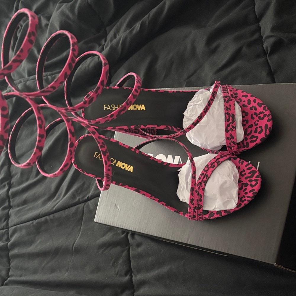 Fashion Nova Pink Animal Print Strappy Heels